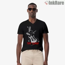 The Clash Retro Flying Guitar Punk Shirt on black v-neck shirt for men graphic tee