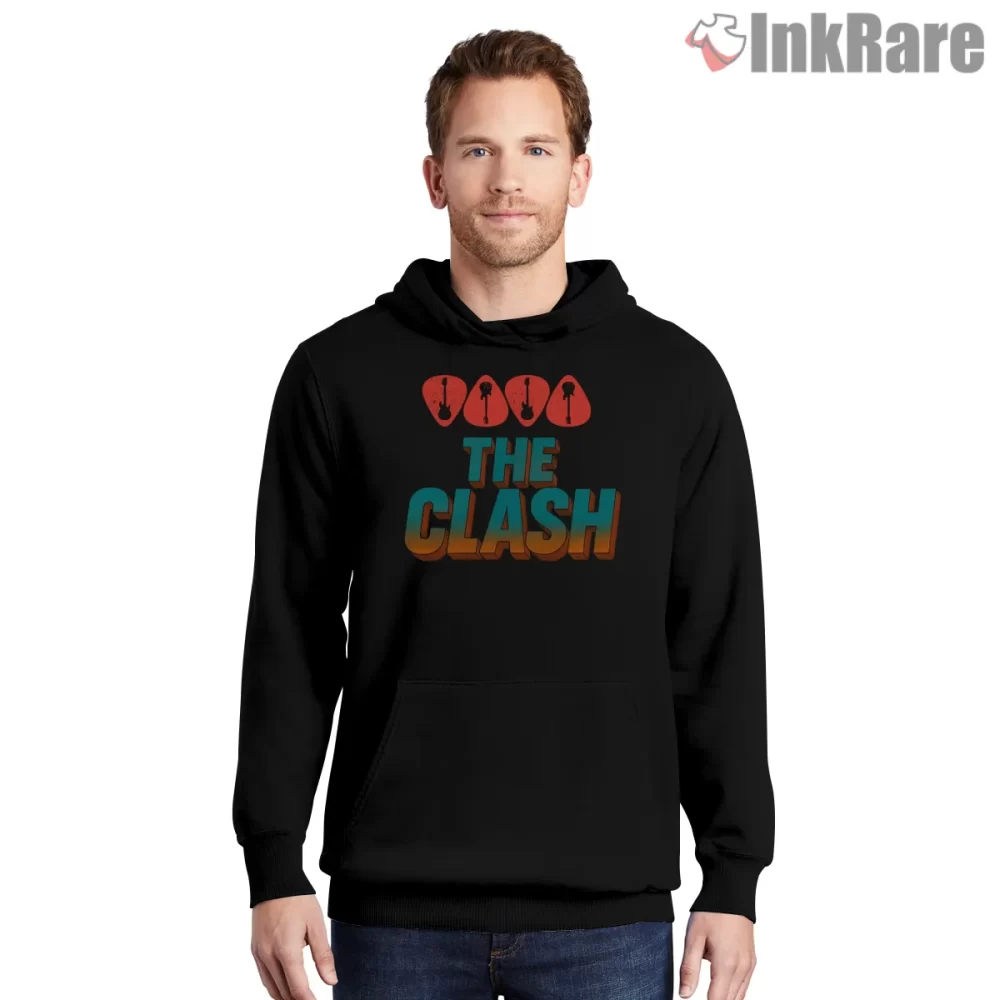 The Clash Retro Gradient Logo Stack Shirt on black hoodie for men graphic tee