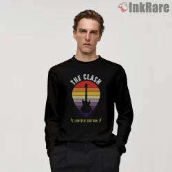 The Clash Retro Guitar Sunset Pick Shirt on black long sleeve shirt for men graphic tee