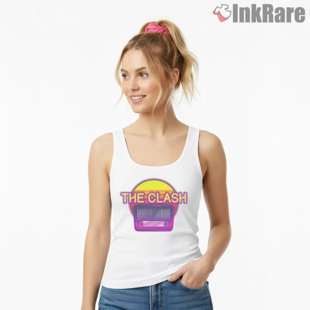 The Clash Retro Radio Sunset Logo Shirt on white tank top for women graphic tee