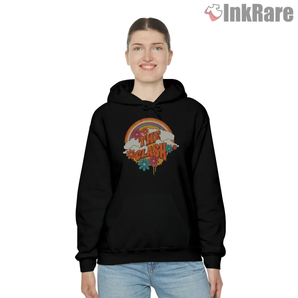 The Clash Retro Rainbow Flower Power Shirt on black hoodie for women graphic tee