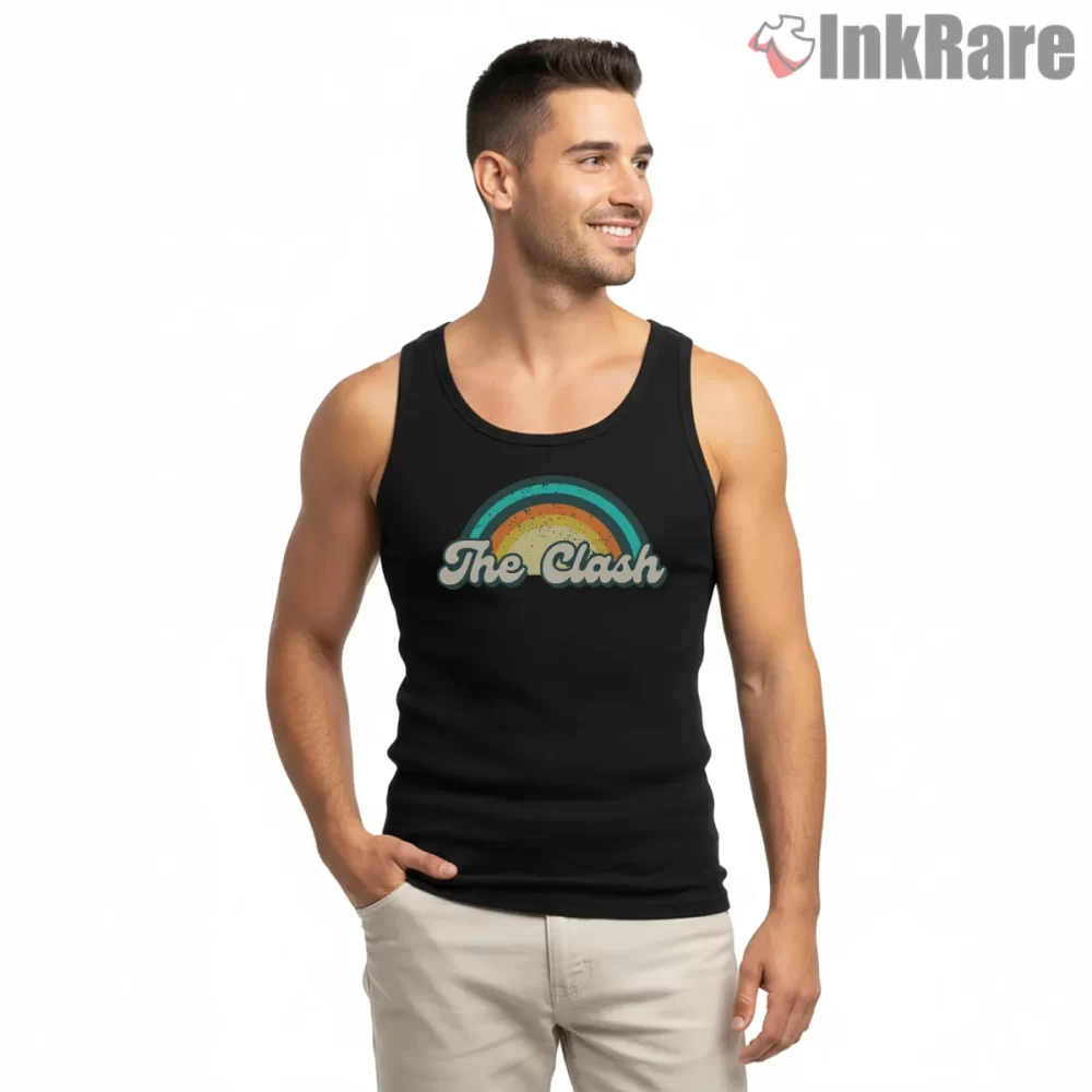 The Clash Retro Rainbow Script Logo Shirt on black tank top for men graphic tee
