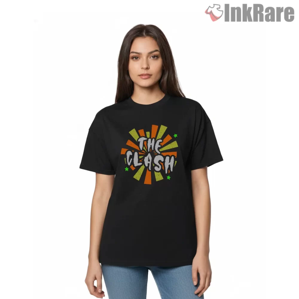 The Clash Retro Sunburst Color Pop Logo Shirt on black short sleeve shirt for women graphic tee