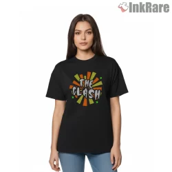 The Clash Retro Sunburst Color Pop Logo Shirt on black short sleeve shirt for women graphic tee