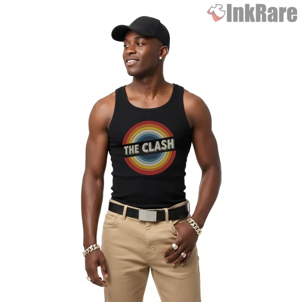 The Clash Retro Sunset Circle Logo Shirt on black tank top for men graphic tee