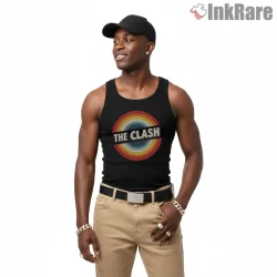 The Clash Retro Sunset Circle Logo Shirt on black tank top for men graphic tee