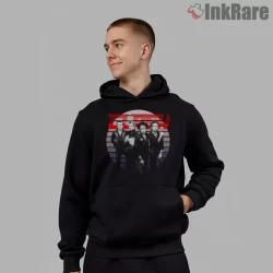The Clash Retro Sunset Wave Portrait Shirt on black hoodie for men graphic tee