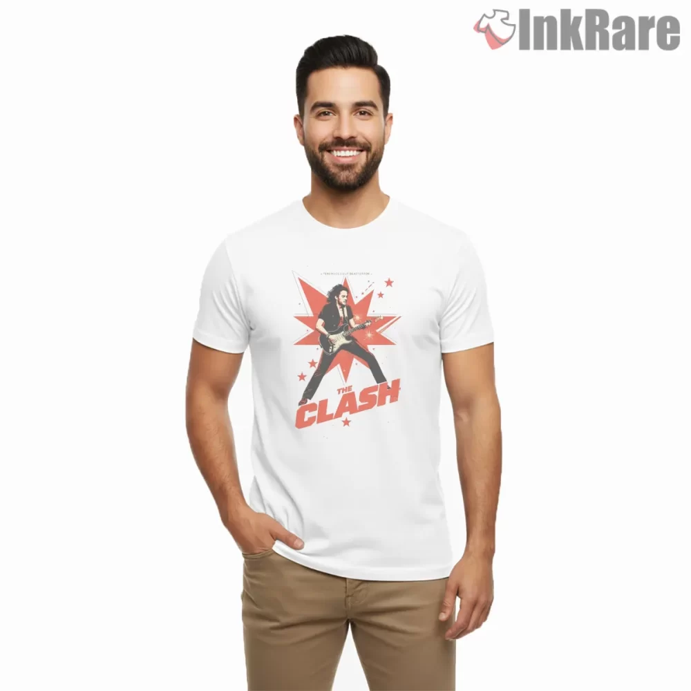 The Clash Revolutionary Rhythms Guitar Action Shirt on white short sleeve shirt for men graphic tee