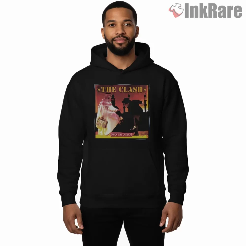 The Clash Rock The Casbah Album Scene Shirt on black hoodie for men graphic tee