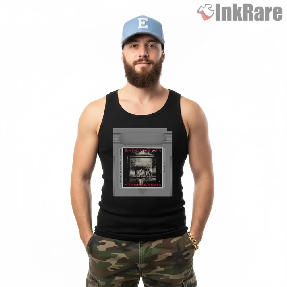 The Clash Sandinista Retro Game Cartridge Shirt on black tank top for men graphic tee