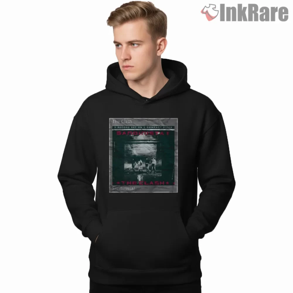 The Clash Sandinista Triple Album Grit Shirt on black hoodie for men graphic tee
