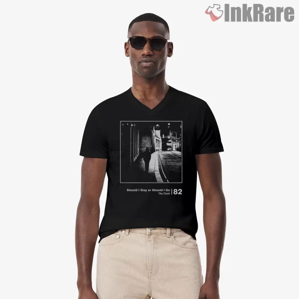 The Clash Should I Stay Or Should I Go 1982 Street Photo Shirt on black v-neck shirt for men graphic tee