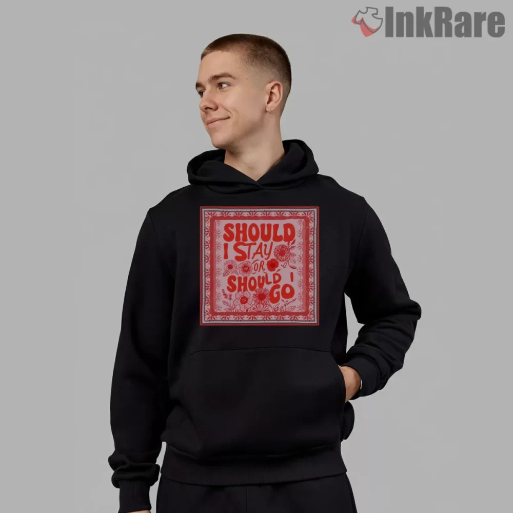 The Clash Should I Stay Or Should I Go Folk Art Shirt on black hoodie for men graphic tee
