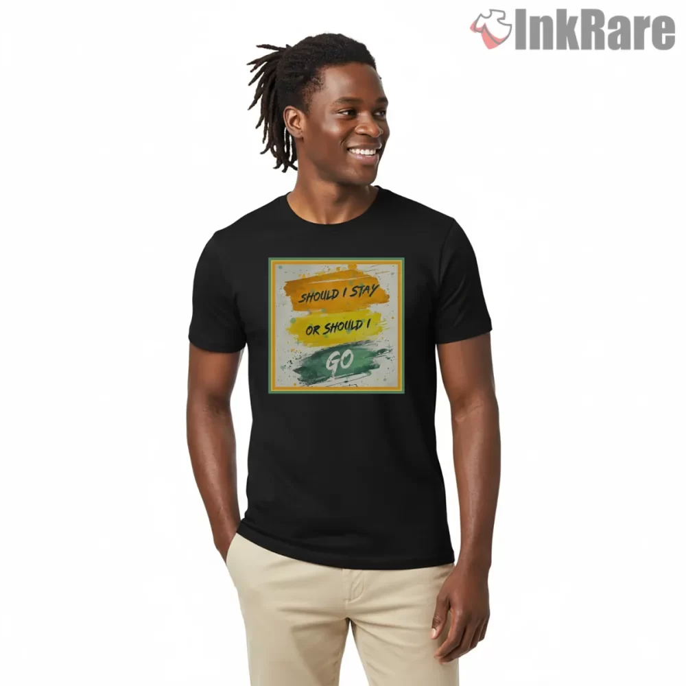 The Clash Should I Stay Or Should I Go Paint Poster Shirt on black short sleeve shirt for men graphic tee