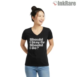 The Clash Should I Stay Or Should I Go Typography Shirt on black v-neck shirt for women graphic tee