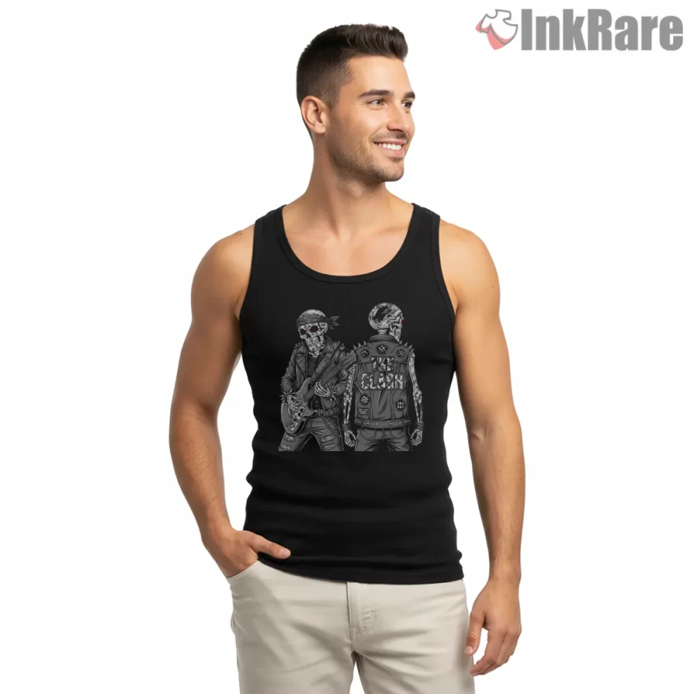 The Clash Skeleton Guitar Duo Leather Jacket Punk Shirt on black tank top for men graphic tee