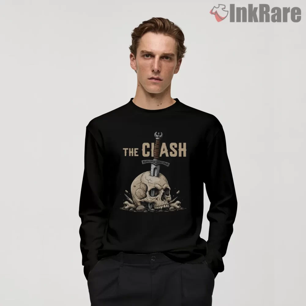 The Clash Skull And Dagger Punk Emblem Shirt on black long sleeve shirt for men graphic tee