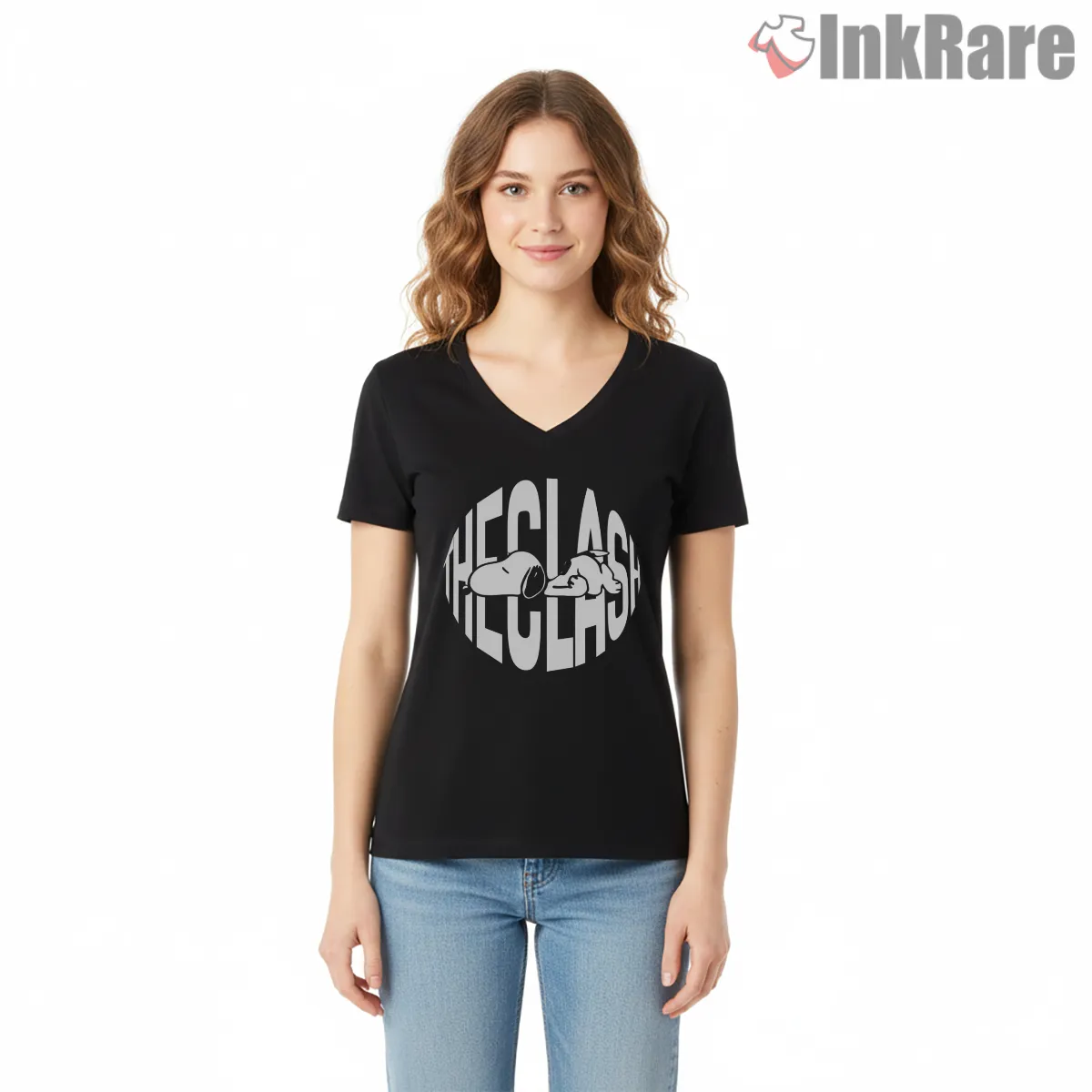 The Clash Snoopy Nap Bold Logo V Neck Black The Clash Snoopy Nap Bold Logo Shirt on black v-neck shirt for women graphic tee