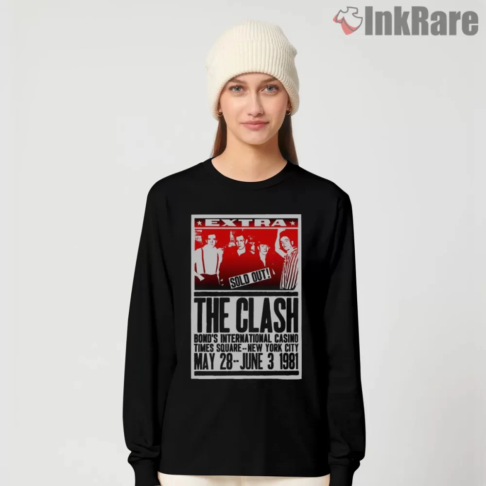 The Clash Sold Out Bond International Casino Poster Shirt on black long sleeve shirt for women graphic tee