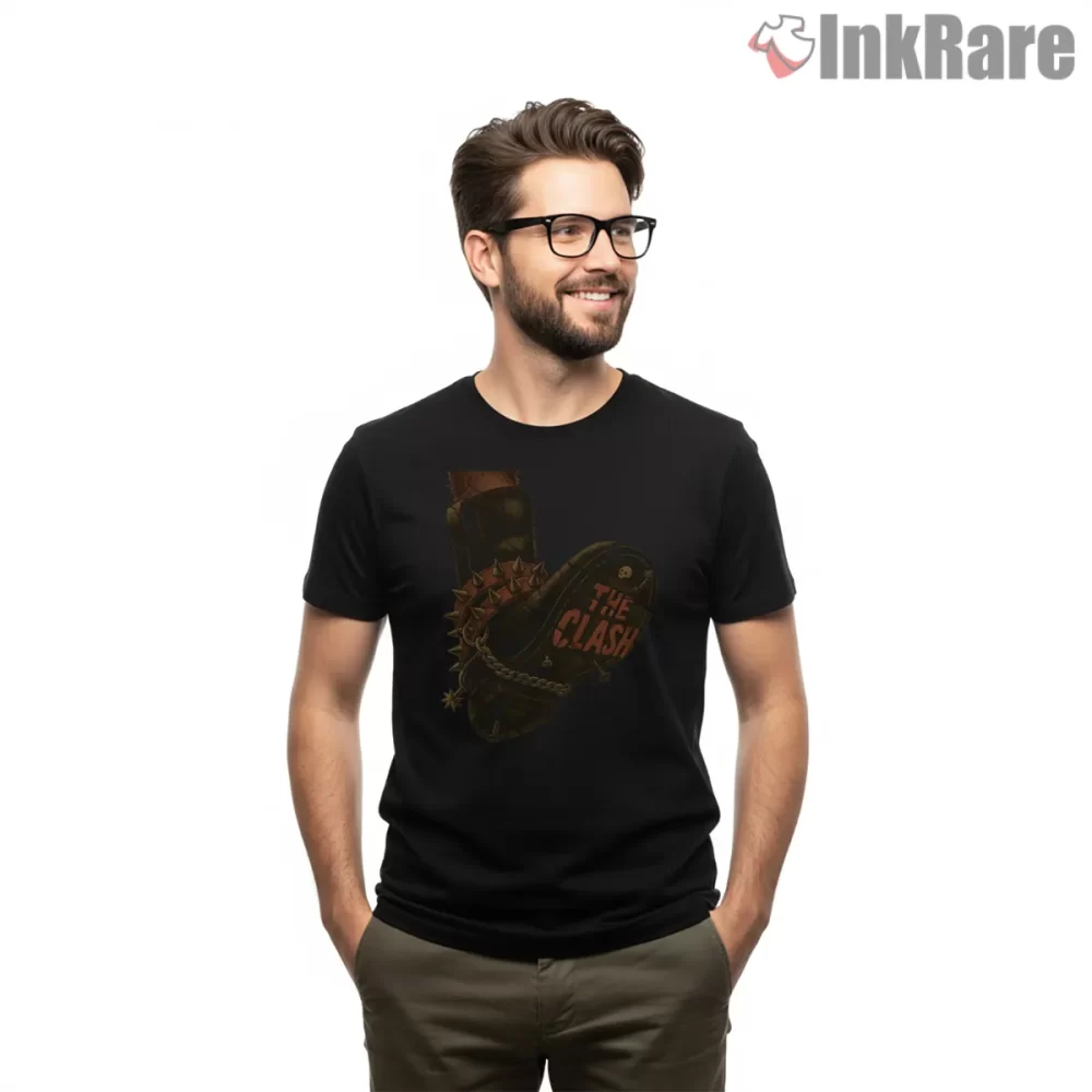 The Clash Spiked Boot Punk Attitude Shirt on black short sleeve shirt for men graphic tee