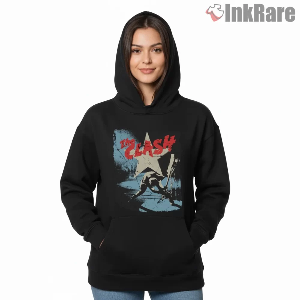 The Clash Star Smash Stage Chaos Shirt on black hoodie for women graphic tee