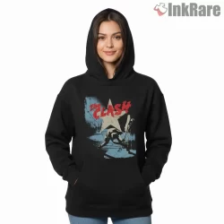 The Clash Star Smash Stage Chaos Shirt on black hoodie for women graphic tee