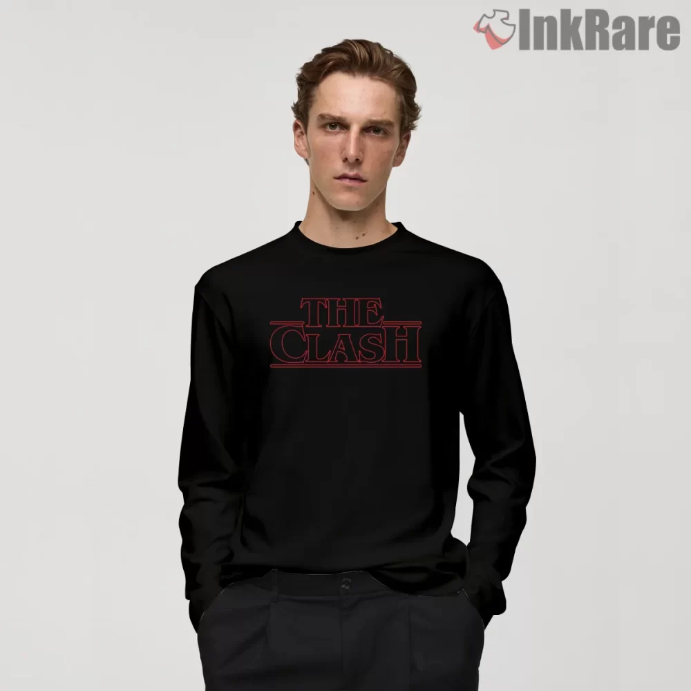 The Clash Stranger Things Style Red Outline Shirt on black long sleeve shirt for men graphic tee