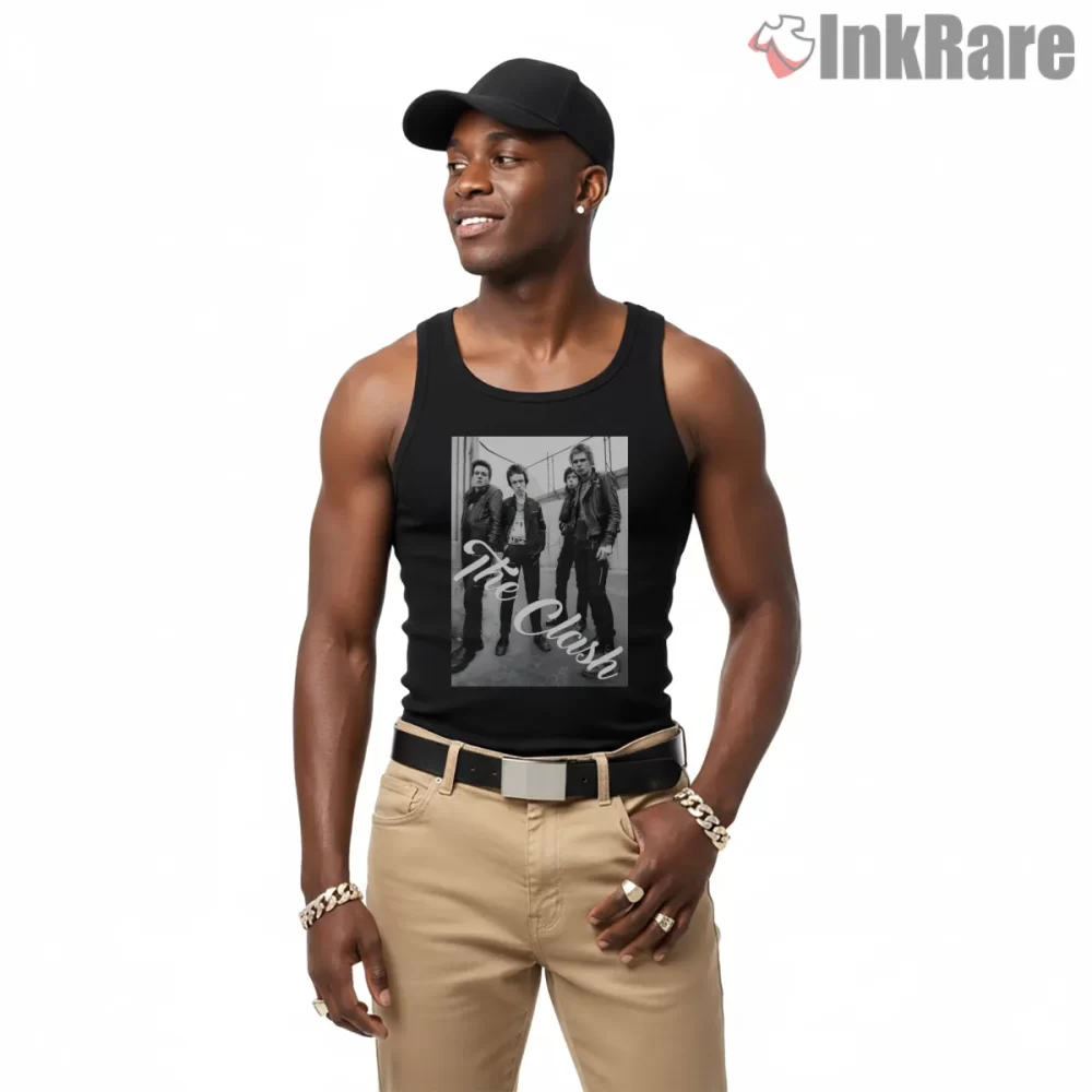 The Clash Street Style Band Photo Script Shirt on black tank top for men graphic tee
