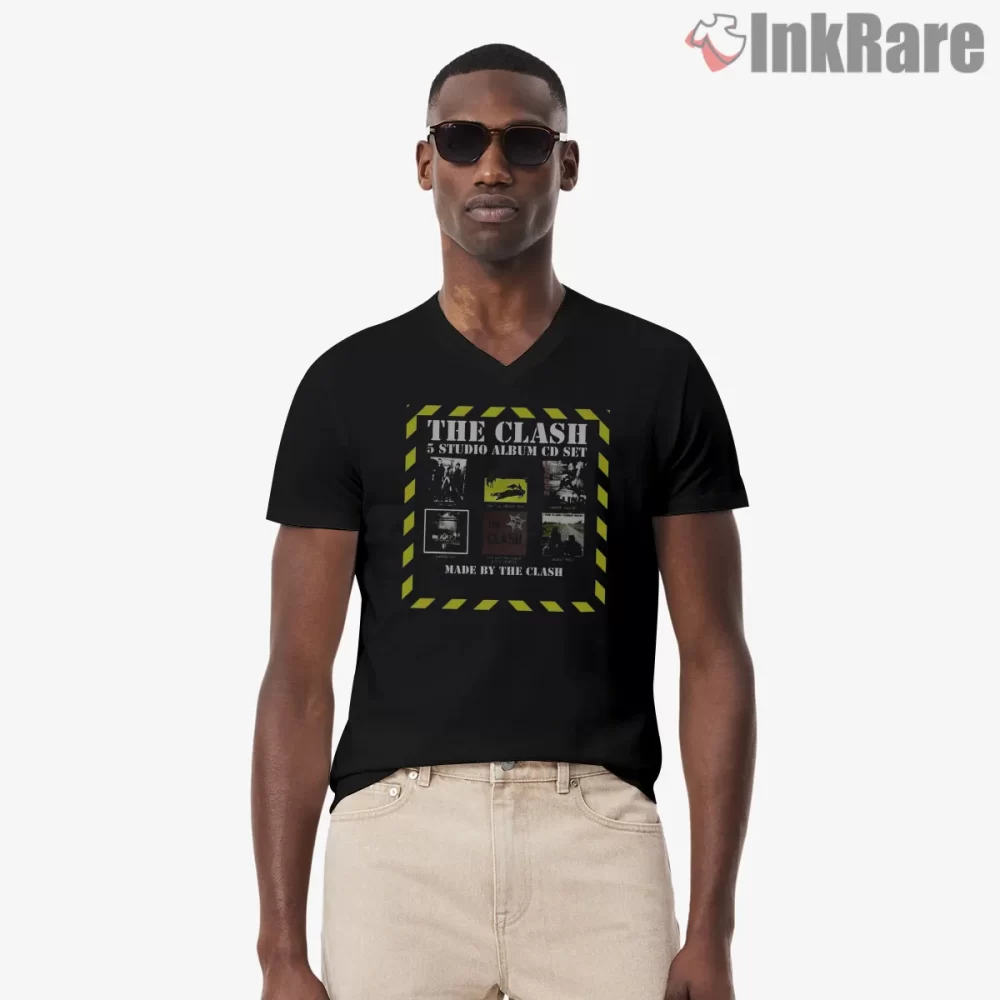 The Clash Studio Albums Compilation Grid Shirt on black v-neck shirt for men graphic tee