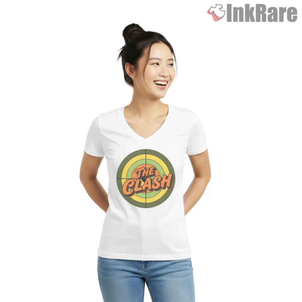 The Clash Target Style Retro Circle Logo Shirt on white v-neck shirt for women graphic tee