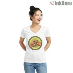 The Clash Target Style Retro Circle Logo Shirt on white v-neck shirt for women graphic tee