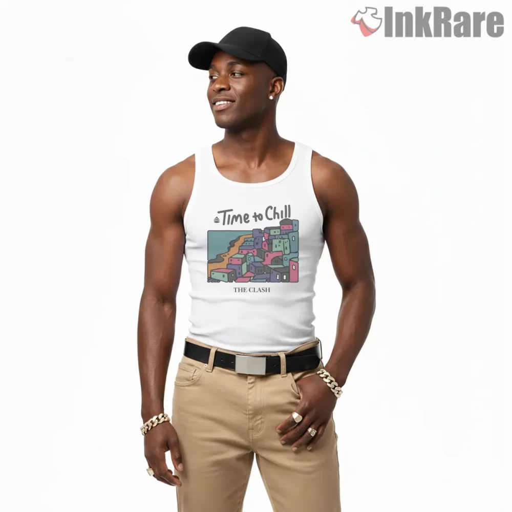 The Clash Time To Chill Illustrated Shirt on white tank top for men graphic tee