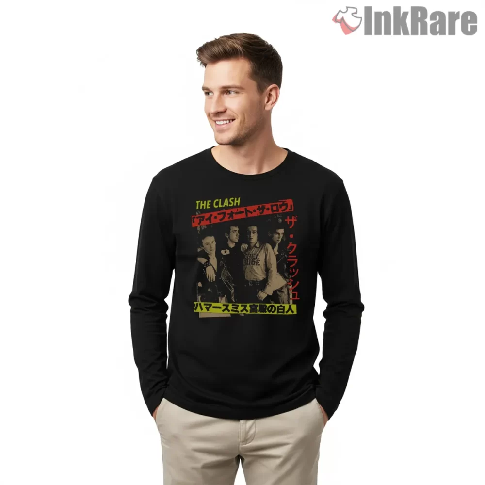 The Clash Tokyo Punk Import Poster Shirt on black long sleeve shirt for men graphic tee