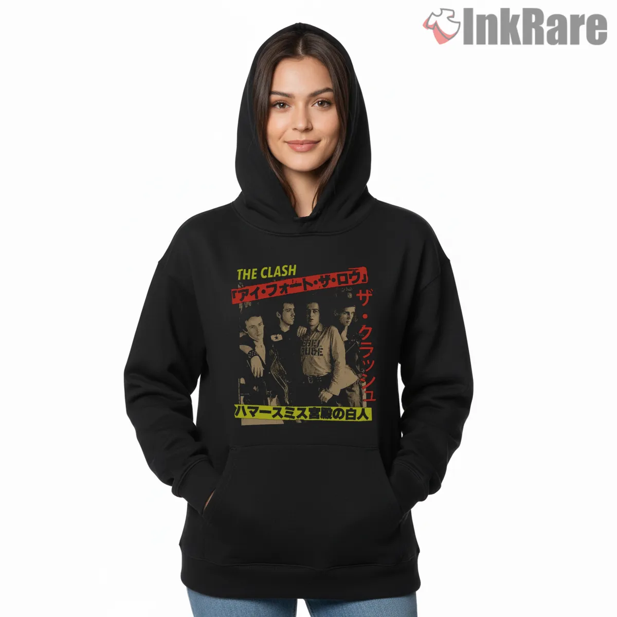The Clash Tokyo Punk Import Poster Shirt on black hoodie for women graphic tee