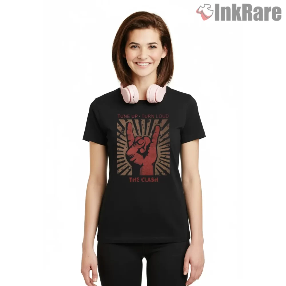 The Clash Tune Up Turn Loud Hand Sign Shirt on black short sleeve shirt for women graphic tee