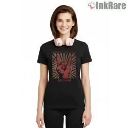 The Clash Tune Up Turn Loud Hand Sign Shirt on black short sleeve shirt for women graphic tee