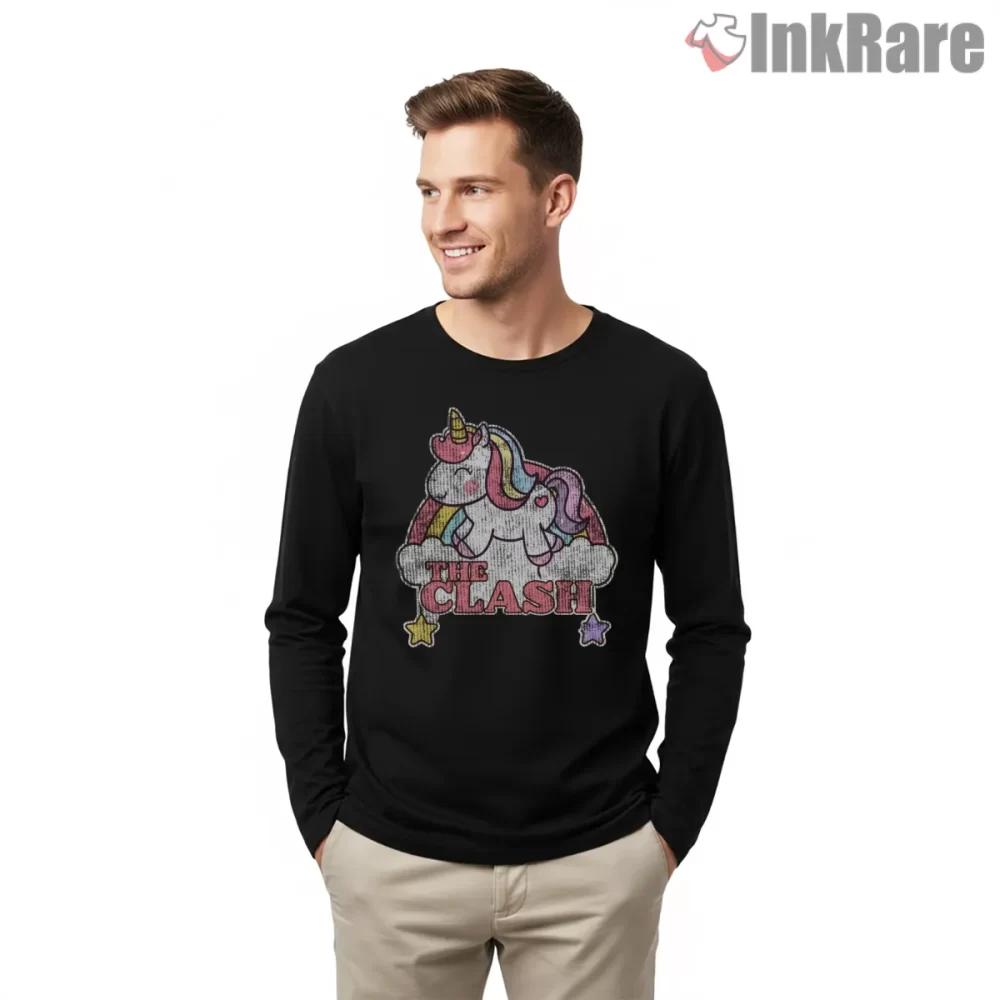 The Clash Unicorn Punk Fantasy Shirt on black long sleeve shirt for men graphic tee