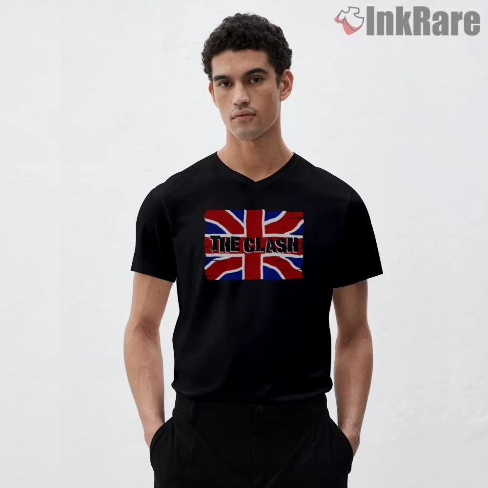 The Clash Union Jack British Punk Flag Shirt on black v-neck shirt for men graphic tee