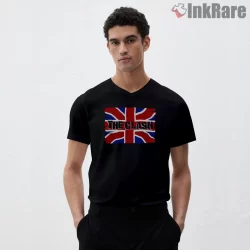 The Clash Union Jack British Punk Flag Shirt on black v-neck shirt for men graphic tee