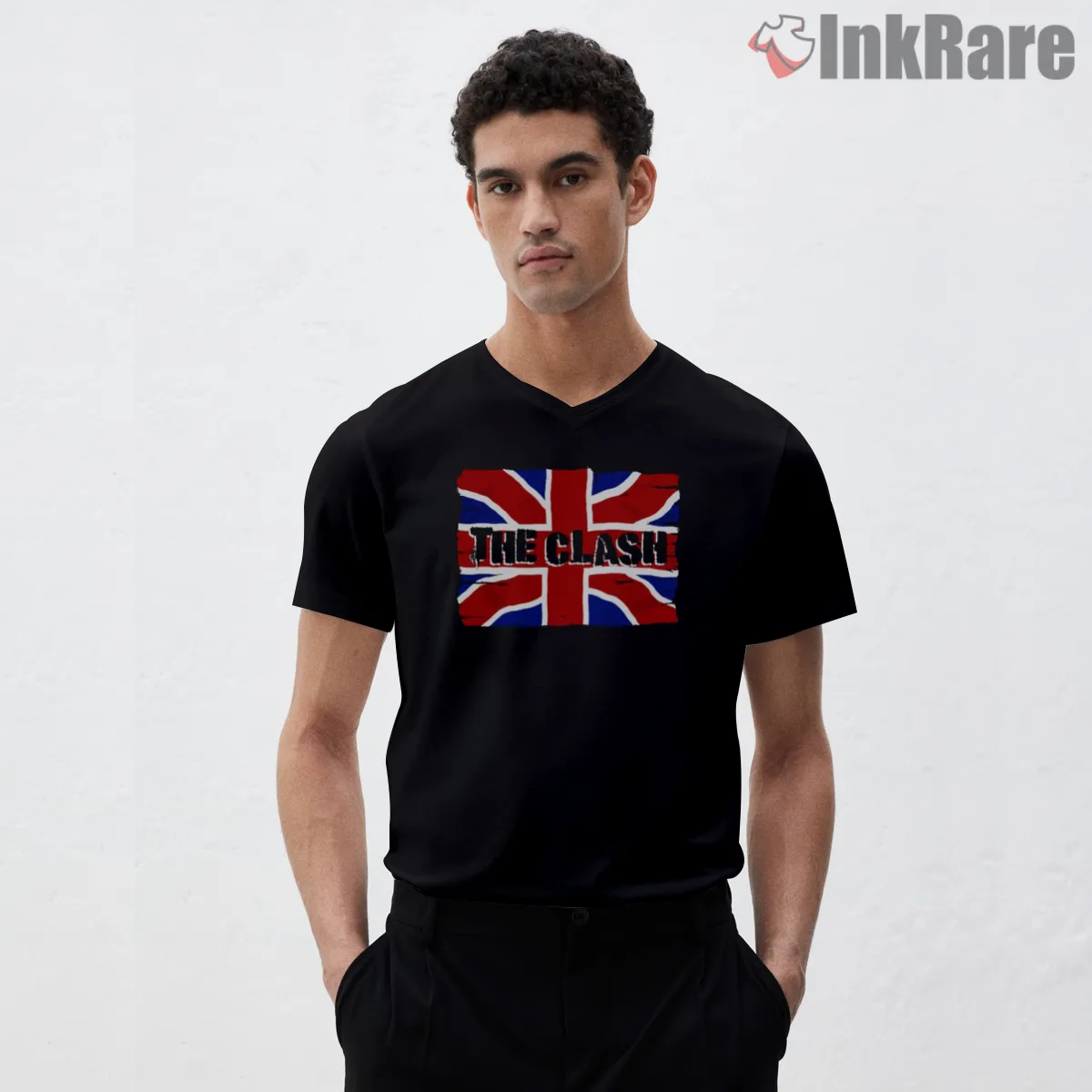 The Clash Union Jack British Punk Flag V Neck Black The Clash Union Jack British Punk Flag Shirt on black v-neck shirt for men graphic tee