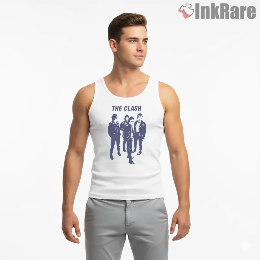 The Clash Vintage Blue Tone Band Photo Shirt on white tank top for men graphic tee