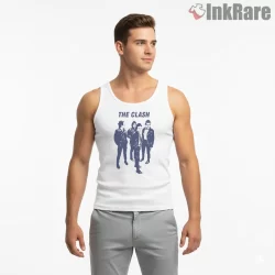 The Clash Vintage Blue Tone Band Photo Shirt on white tank top for men graphic tee