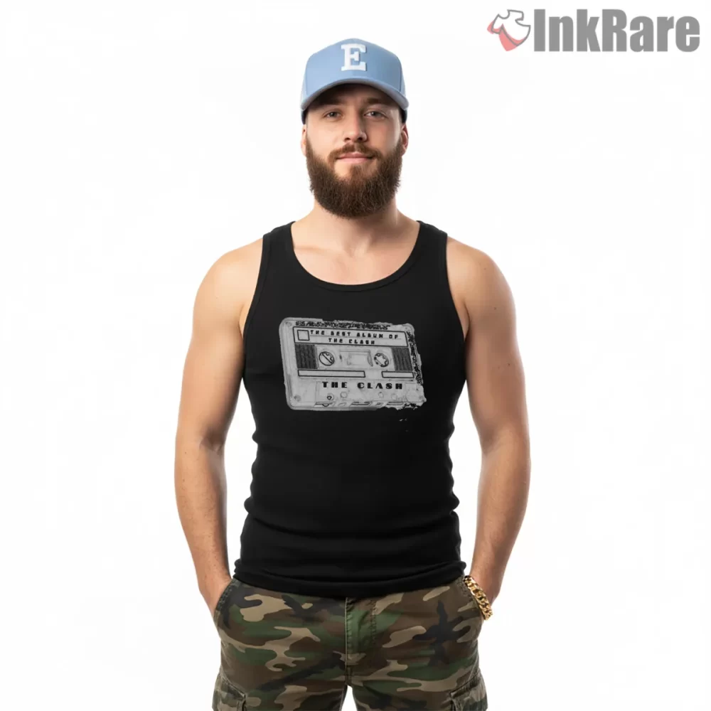 The Clash Vintage Cassette Icon Shirt on black tank top for men graphic tee