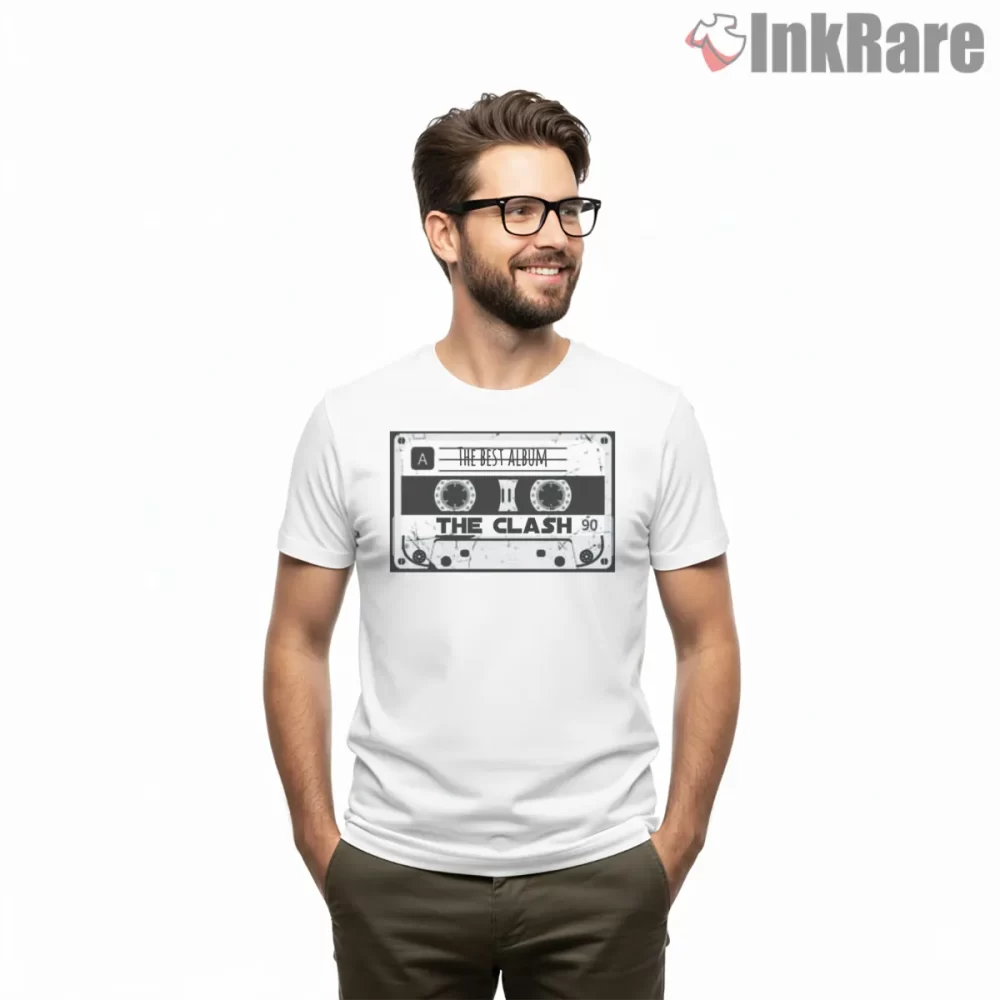 The Clash Vintage Cassette Punk Shirt on white short sleeve shirt for men graphic tee