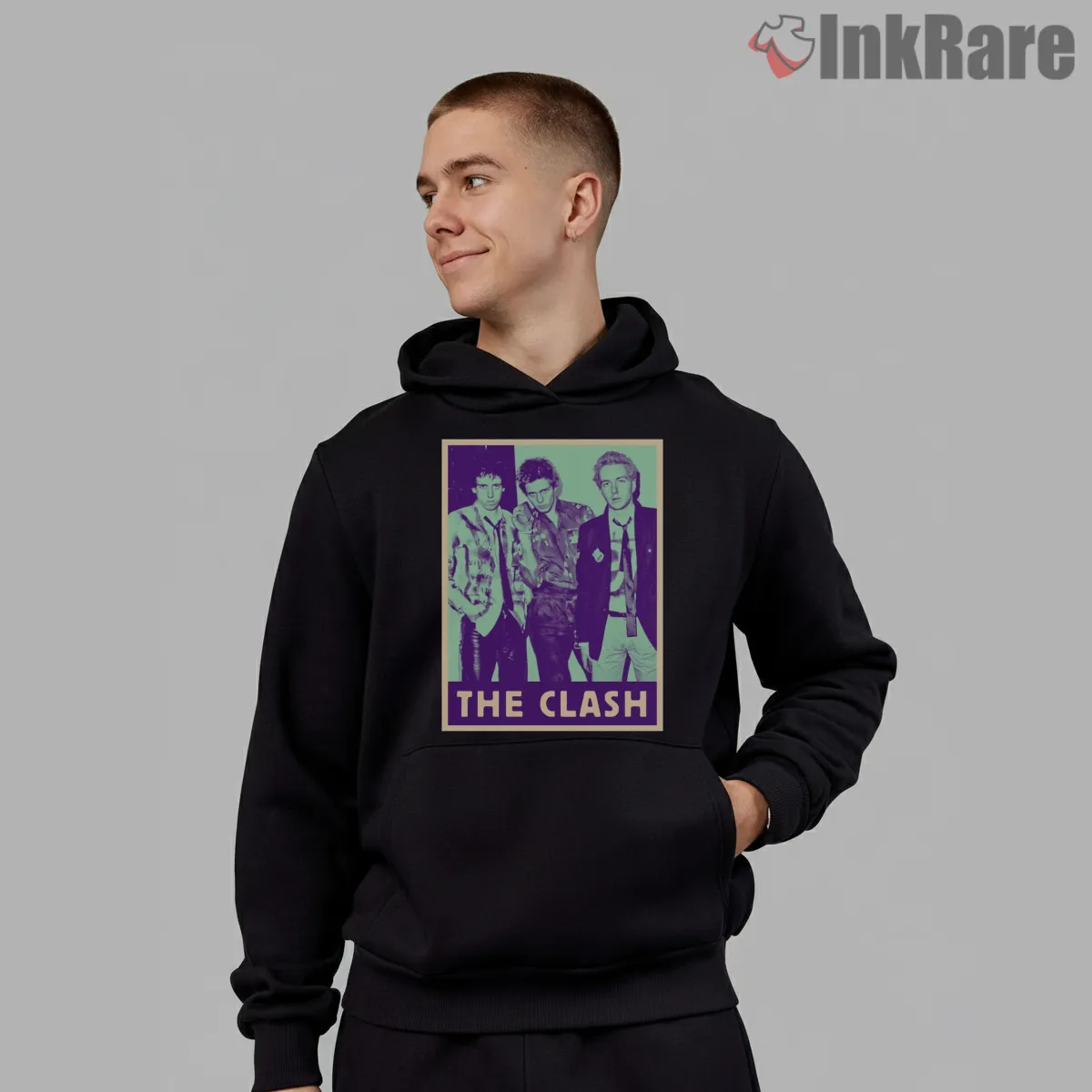 The Clash Vintage Color Block Band Portrait Shirt on black hoodie for men graphic tee