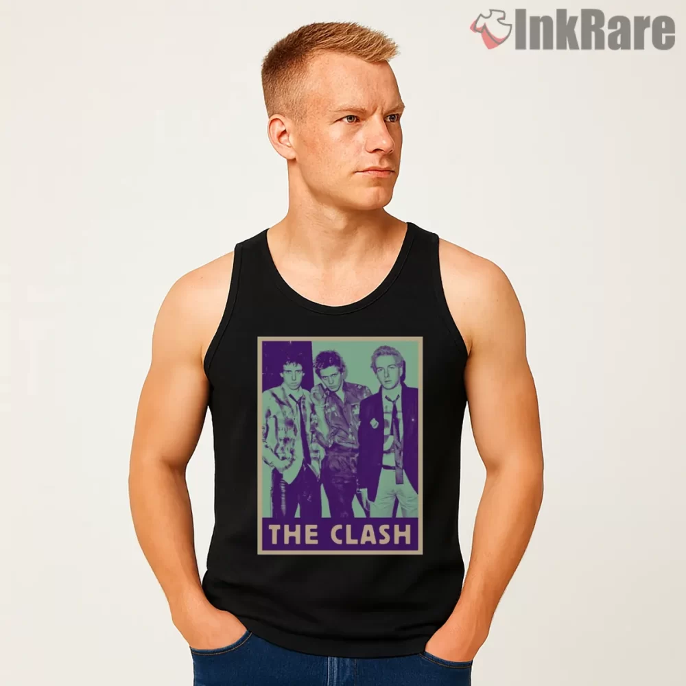 The Clash Vintage Color Block Band Portrait Shirt on black tank top for men graphic tee