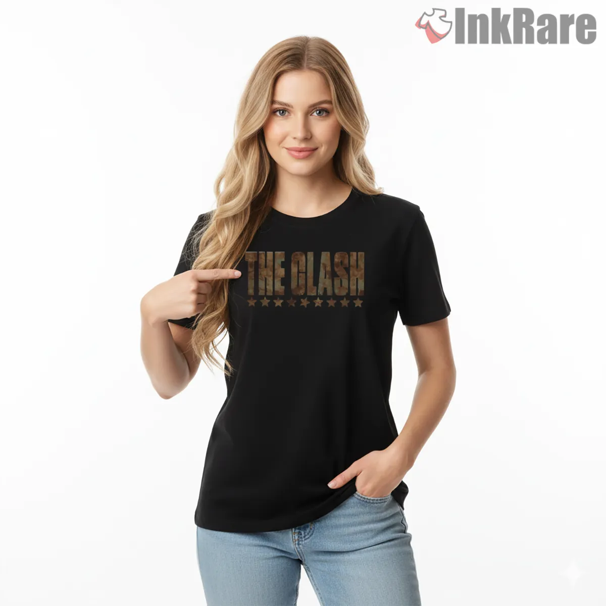 The Clash Vintage Gold Stamp Logo Short Sleeve Black The Clash Vintage Gold Stamp Logo Shirt on black short sleeve shirt for women graphic tee