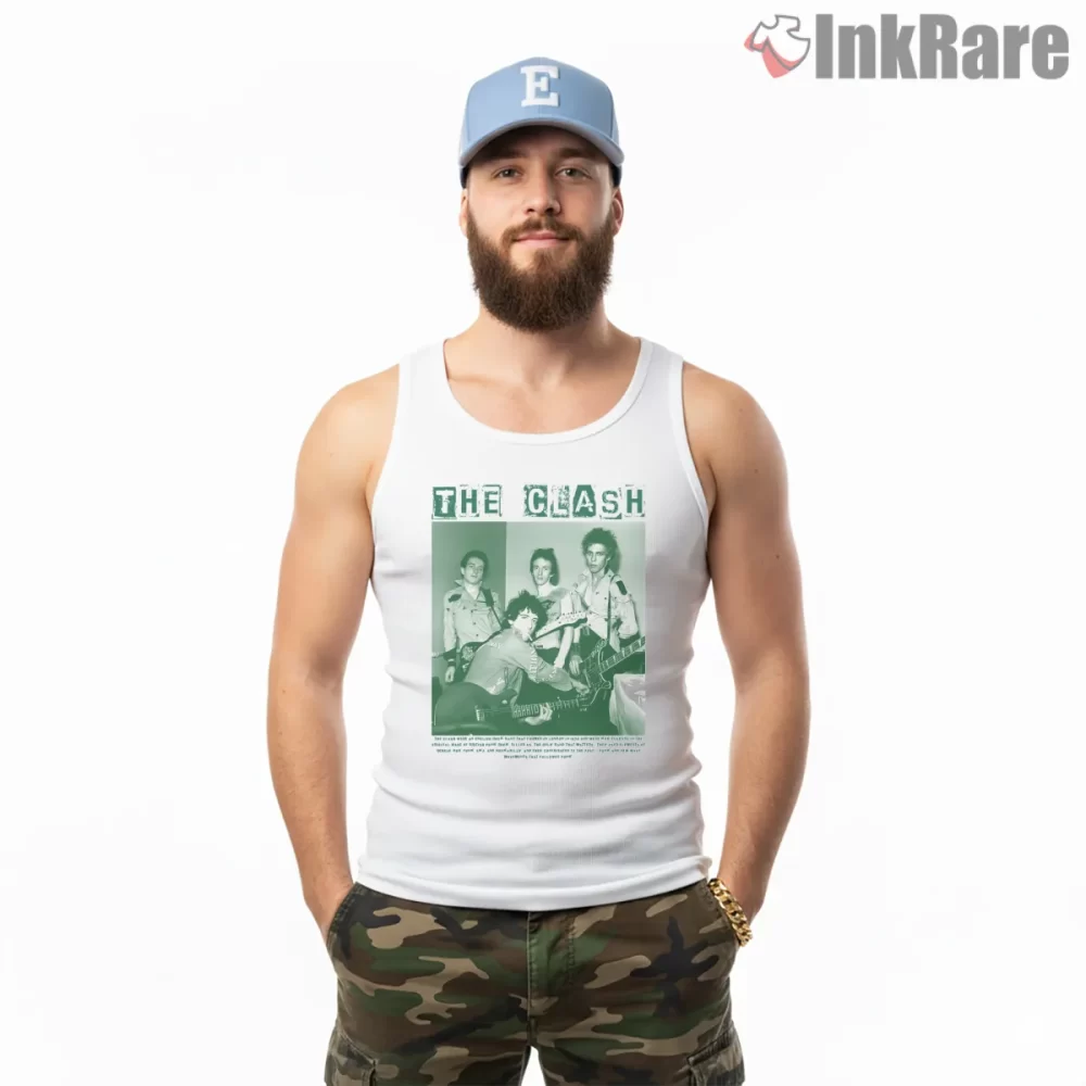 The Clash Vintage Green Band Photo Shirt on white tank top for men graphic tee