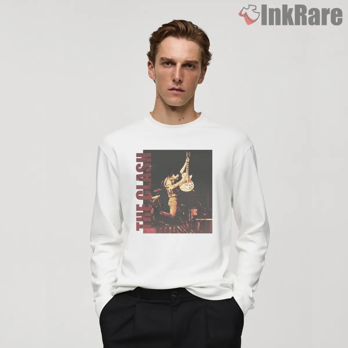 The Clash Vintage Live Guitar Performance Shirt on white long sleeve shirt for men graphic tee
