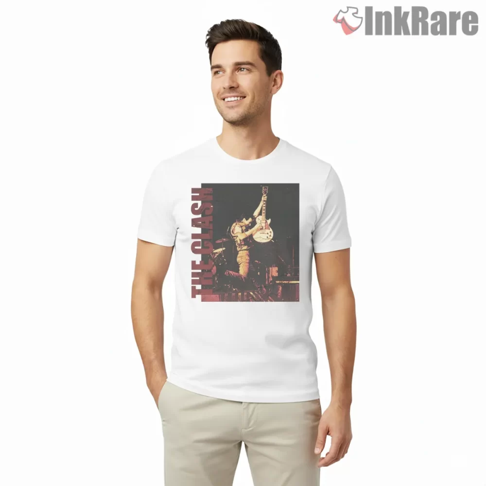 The Clash Vintage Live Guitar Performance Shirt on white short sleeve shirt for men graphic tee